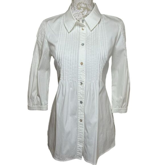 St. John White Button Up Down Pintuck 3/4 Sleeves Poplin Cotton Tunic Shirt Sz 4 - Picture 1 of 6